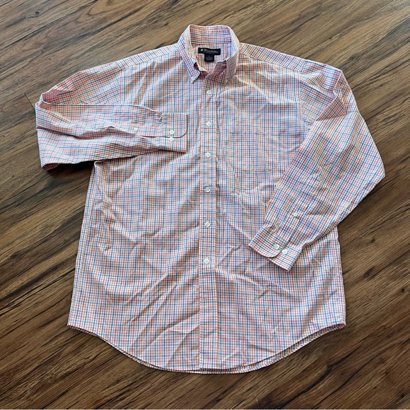 Brooks Brothers Long Sleeve Button Down Shirt Orange Blue Red Plaid Mens Size M - Picture 2 of 7